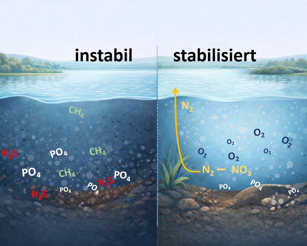 Grundidee des Schäfersee-Verfahrens mit stabilen und instabilen Redoxbedingungen im Sediment